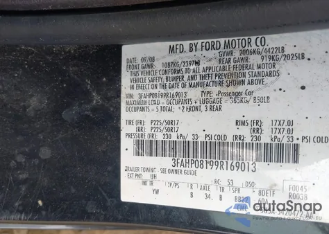 2009 Ford Fusion Sel from USA, damaged, VIN 3FAHP08199R169013